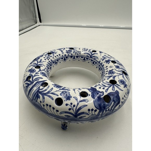 Vtg Portugal Ceramic Flower Frog Ring Footed Vase Animals Floral Filcer 7”